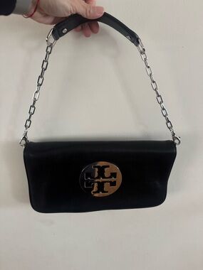 Tory Burch Black Leather Shoulder Bag with Silver Chain and Gold Logo